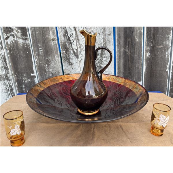 Amber Glass Decanter, Wide Shallow Bowl, and Two Gold-Trimmed Glasses Set