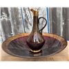 Image 3 : Amber Glass Decanter, Wide Shallow Bowl, and Two Gold-Trimmed Glasses Set