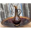 Image 4 : Amber Glass Decanter, Wide Shallow Bowl, and Two Gold-Trimmed Glasses Set