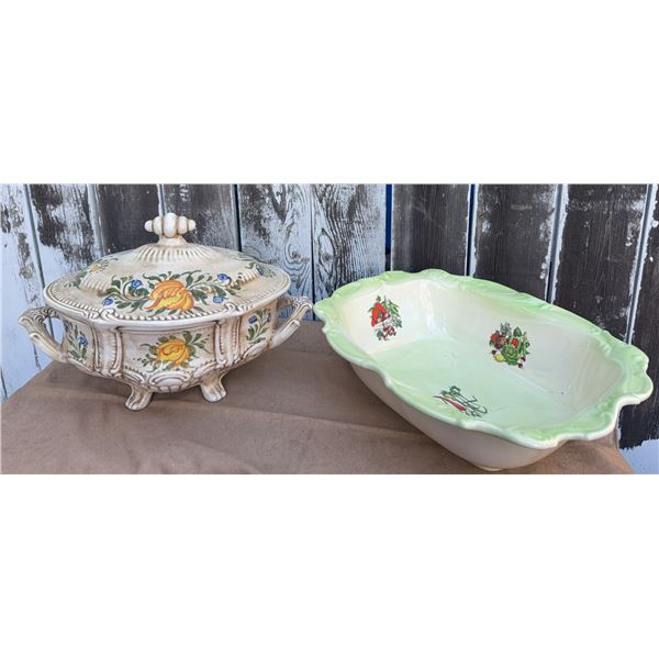 Decorative Ceramic Serving Bowls, One Lidded, Floral and Fruit Motifs