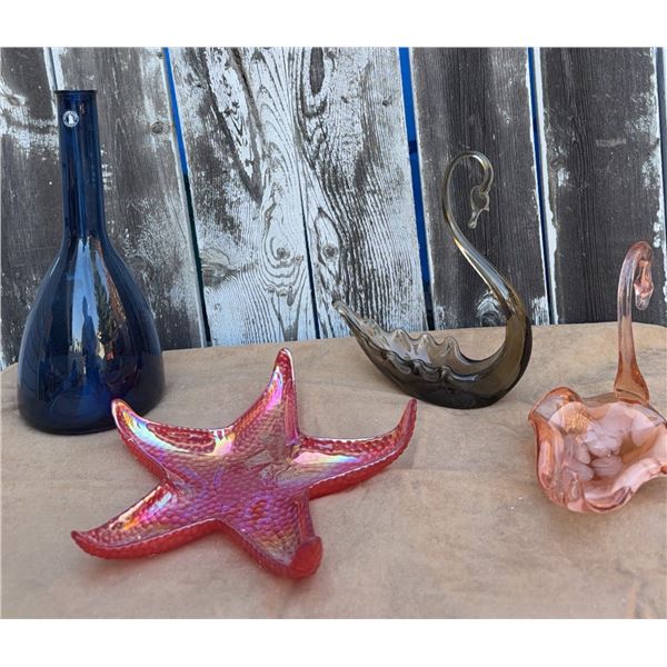 Blenko Blue Glass Vase, Murano Starfish, Art Glass Swan and Bowl, Lot of 4