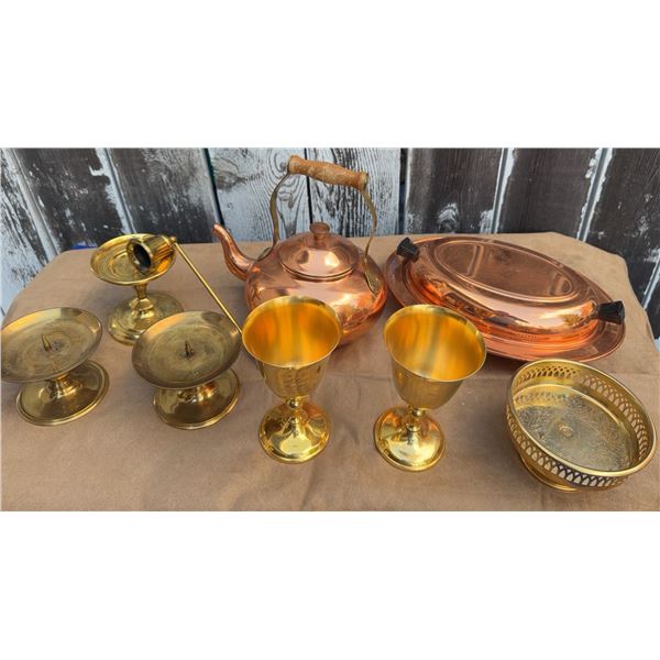 Brass and Copper Tableware: Teapot, Candle Holders, Goblets, Serving Dish