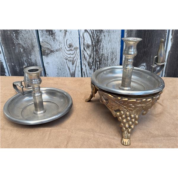 Metal Chamberstick Candle Holders, One With Ornate Brass Base