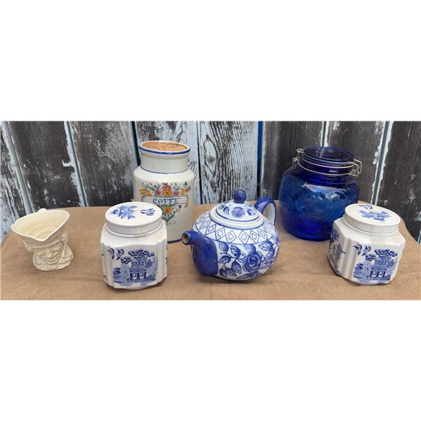 Blue and White Ceramic Tea Set With Canisters, Coffee Jar, Creamer and Blue Glass Jar