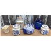 Image 1 : Blue and White Ceramic Tea Set With Canisters, Coffee Jar, Creamer and Blue Glass Jar