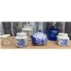 Image 2 : Blue and White Ceramic Tea Set With Canisters, Coffee Jar, Creamer and Blue Glass Jar