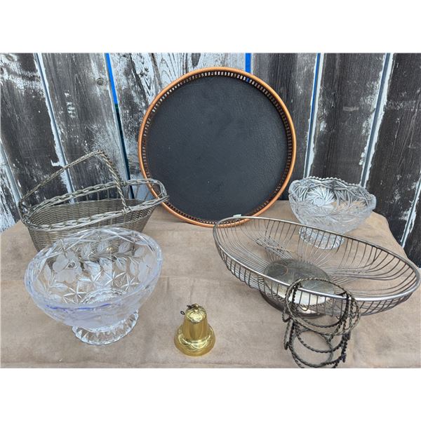 Crystal Bowls, Silver Wire Baskets, Tray, and Brass Bell