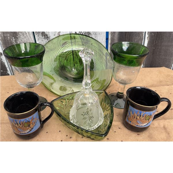 Green Glass Plates, Wine Goblets, Coffee Mugs and Etched Bell