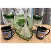 Image 2 : Green Glass Plates, Wine Goblets, Coffee Mugs and Etched Bell