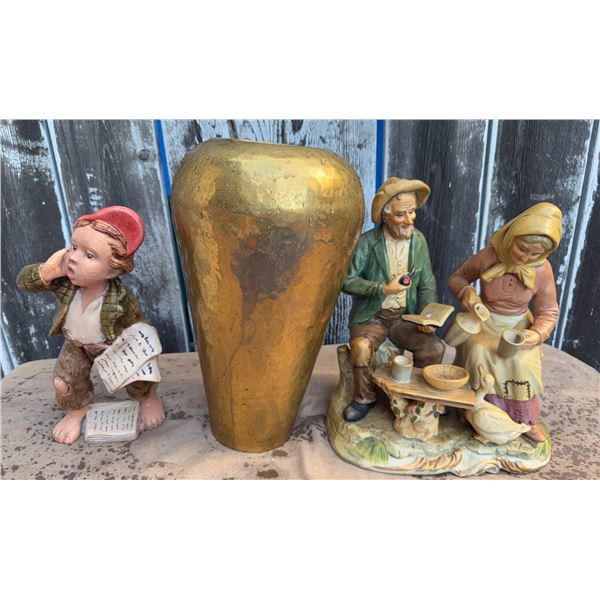 Lot: Hammered Brass Vase, Porcelain Figurines, Plates, Rooster Figurine