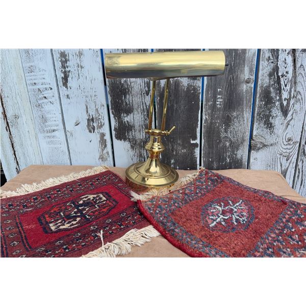 Brass Bankers Lamp With Two Small Decorative Textile Rugs