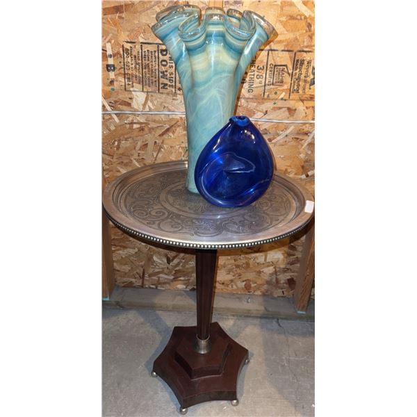 Decorative Pedestal Table with Etched Metal Top and Two Art Glass Vases