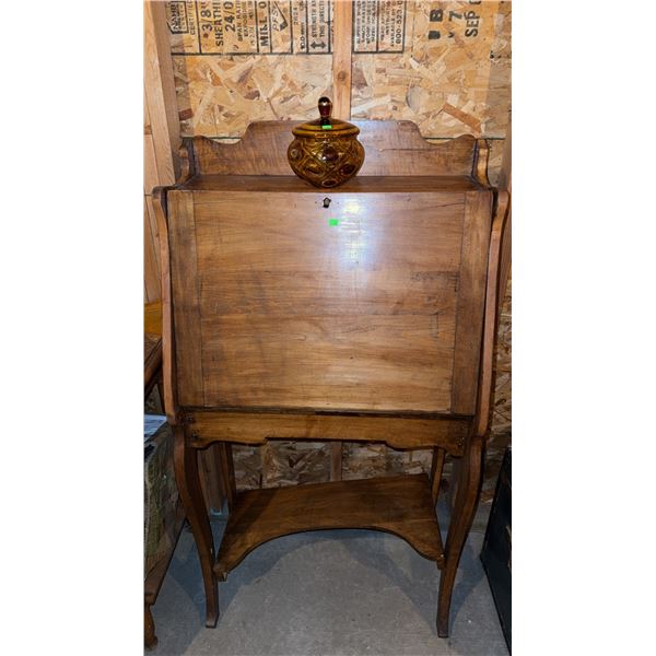 Wooden Antique Secretary Desk with Fold-Down Writing Surface and Lower Shelf