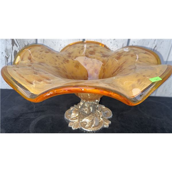 Amber Art Glass Bowl with Silver Tone Floral Metal Base