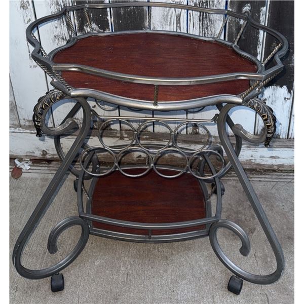 Metal and Wood Two-Level Bar Cart with Casters, Heart Motif and Wine Holders