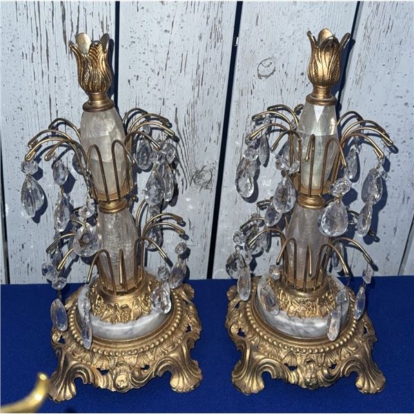 Vintage Gold-Tone Metal Candlesticks with Glass Drops and Ornate Bases