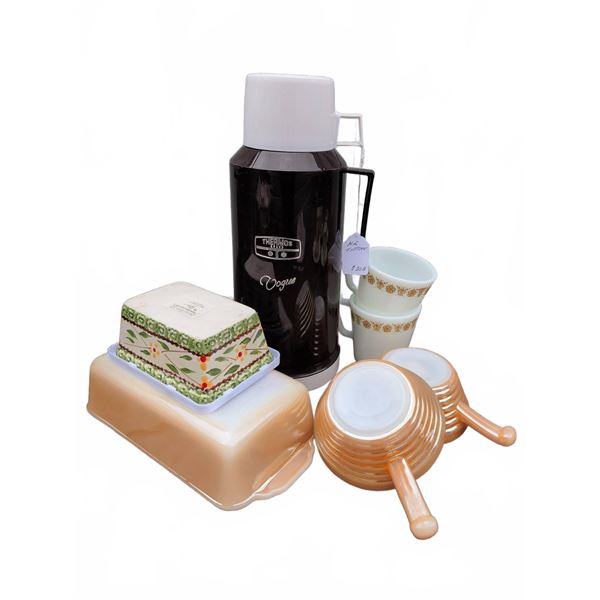 Thermos, Pyrex Cups, Fire-King Amber Mugs, Temp-tations Dish, Butter Dish Lot