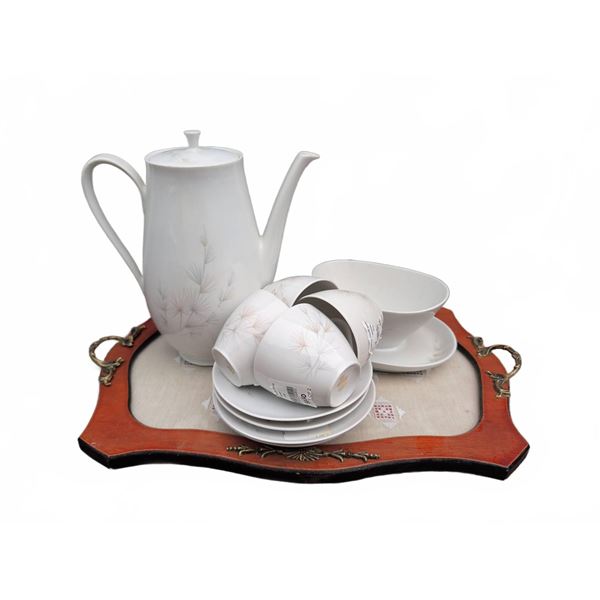 Waldershof Bavaria German Porcelain Coffee Set with Wooden Tray, 9 Pieces