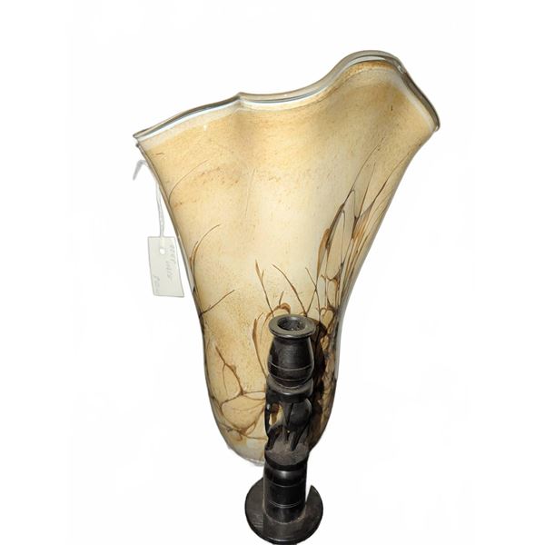 Hand-Blown Murano Art Glass Vase with Waved Rim, Cream and Brown Swirl Pattern