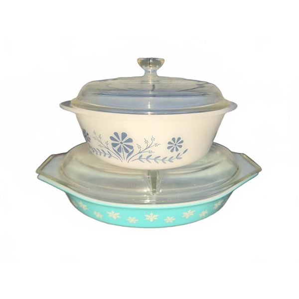 Pyrex Blue Snowflake Divided Casserole and Blue Cornflower Round Dish With Lids