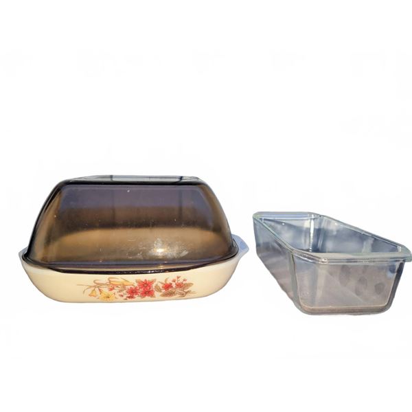 Pyrex England Autumn Harvest Casserole, Amber Lid & Clear Loaf Pan Bakeware Set