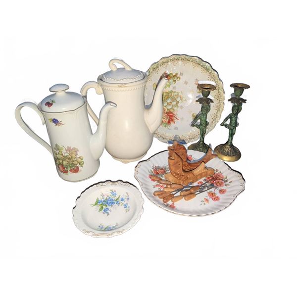 Lot: J. Menau Coffee Pot, Pavilion Teapot, Royal Albert Plate, Candlesticks, Decor