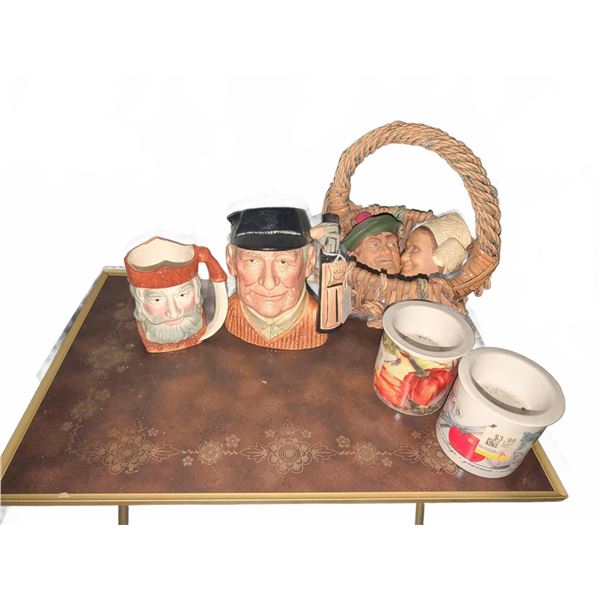 Royal Doulton Golfer Jug, Japanese King Mug, Bossons Head Pair, Floral Cups, Wicker Basket