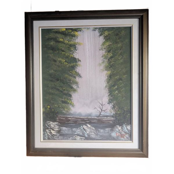 Framed Oil Painting Waterfall Landscape Signed Eleanor 09