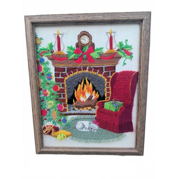 Framed Hand Embroidered Christmas Fireplace Scene with Chair and Cat