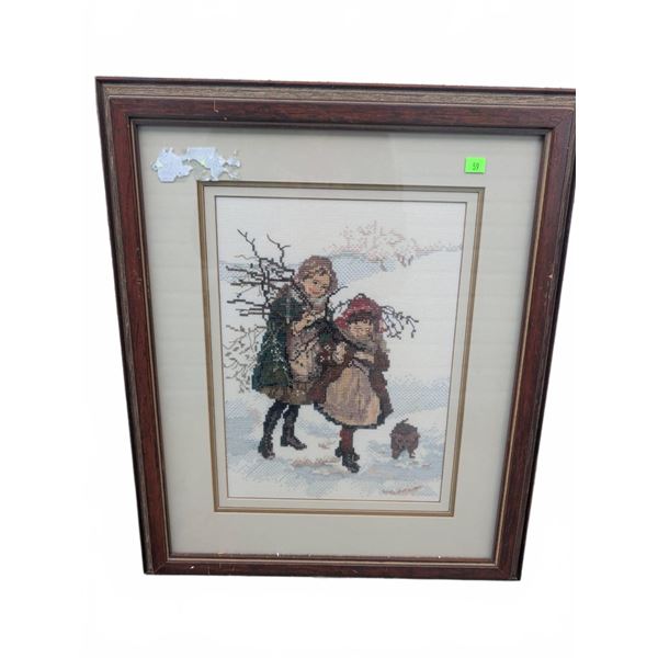Framed Needlepoint Textile Artwork Depicting Two Children and Dog in Winter Scene