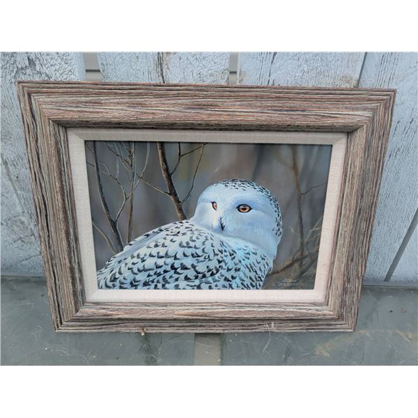 Snowy Owl Painting Signed J Thebert 1996 in Wood Frame