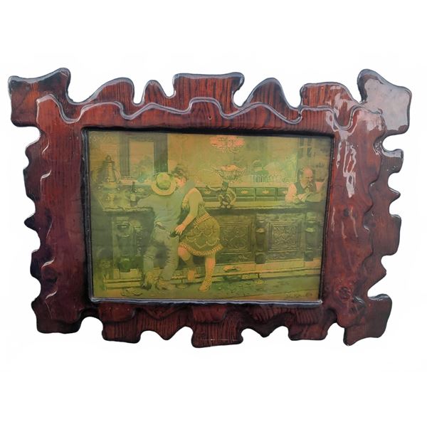 Coloured Print Depicting Bar Scene in Carved Wood Frame
