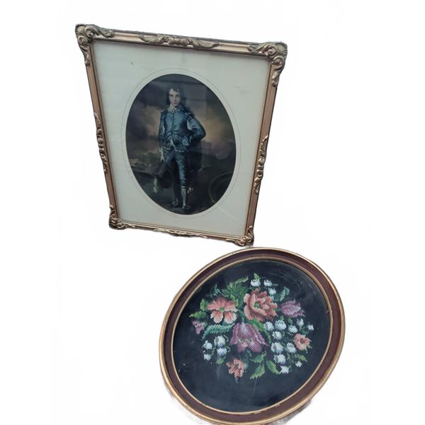 Framed Blue Boy Portrait Print and Oval Floral Needlepoint Art
