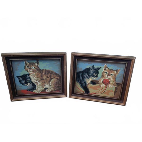 Framed Cat Paintings on Board, Depicting Kittens Playing with Yarn