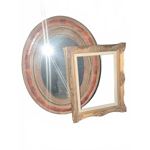 Oval Wood Framed Mirror and Ornate Rectangular Gilt Picture Frame Pair