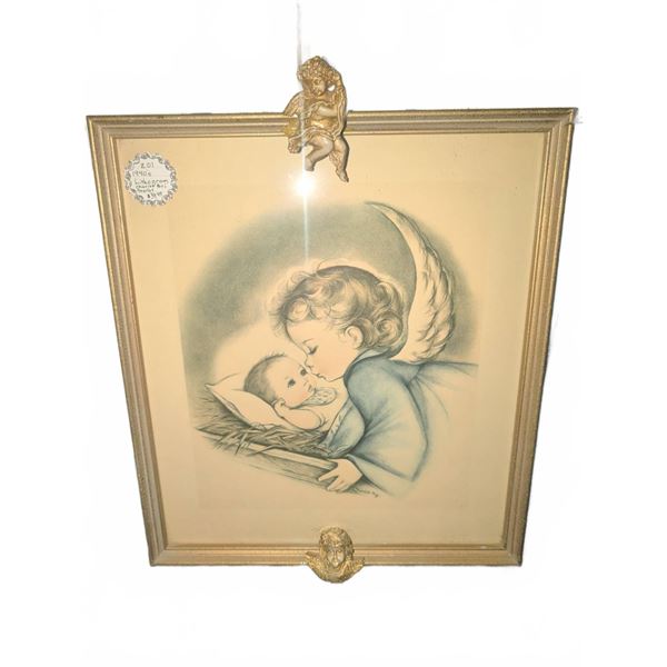 Framed Lithograph of Angel and Child Signed Starlet with Cherub Frame Accents