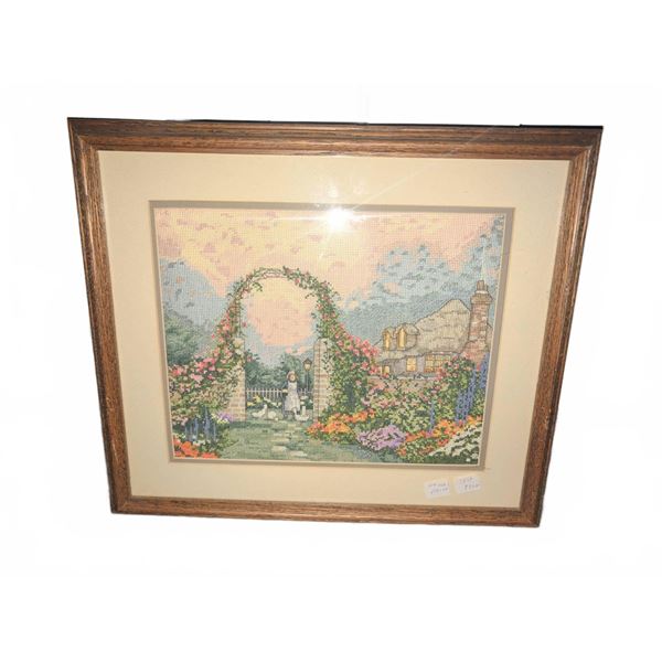 Framed Needlepoint Garden Scene with Arbor and House
