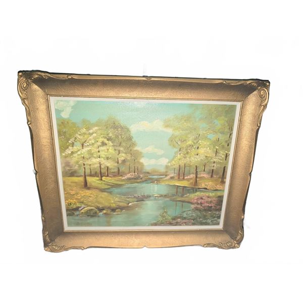 Framed Oil Painting of River Landscape with Trees