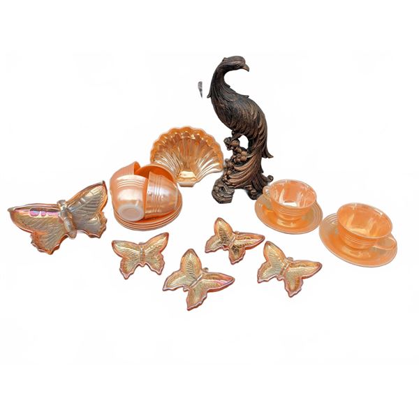 Marigold Carnival Glass Butterfly Dishes, Shell Bowl, Teacups and Bronze Bird
