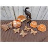 Image 2 : Marigold Carnival Glass Butterfly Dishes, Shell Bowl, Teacups and Bronze Bird
