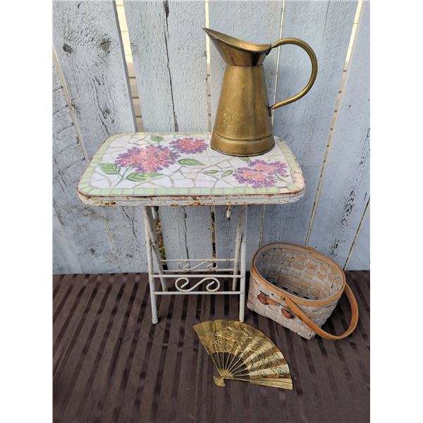 Mosaic Top Metal Table, Brass Pitcher, Woven Basket, and Embossed Metal Fan Group