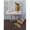 Image 1 : Mosaic Top Metal Table, Brass Pitcher, Woven Basket, and Embossed Metal Fan Group
