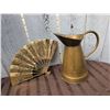 Image 5 : Mosaic Top Metal Table, Brass Pitcher, Woven Basket, and Embossed Metal Fan Group