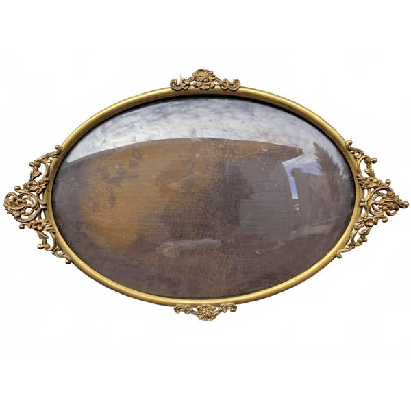 Antique Brass Oval Picture Frame w/ Ornate Ends & Concave Glass