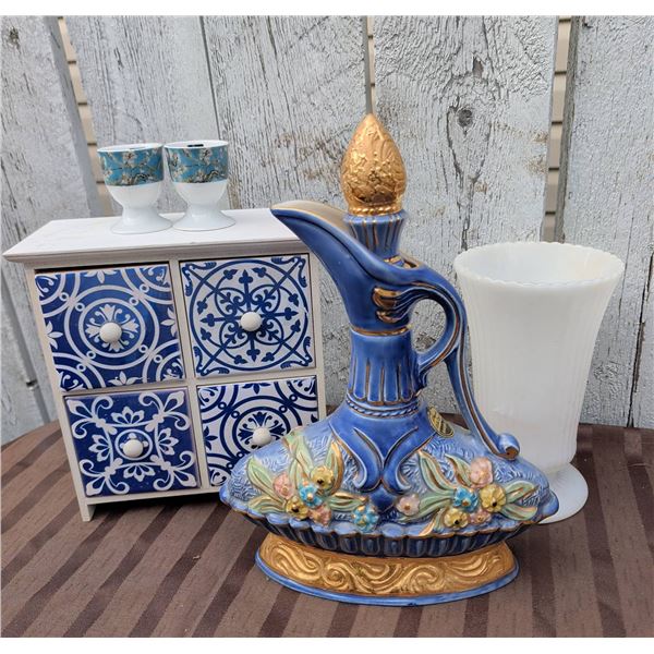 Decorative Ceramic Oil Jug, Blue Tile Drawer Chest, Two Egg Cups, White Vase