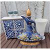 Image 1 : Decorative Ceramic Oil Jug, Blue Tile Drawer Chest, Two Egg Cups, White Vase