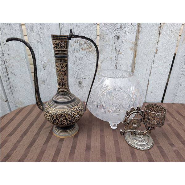 Etched Brass Ewer, Cut Glass Bowl, and Ornate Silver-Tone Candle Holder Group
