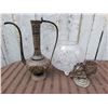 Image 1 : Etched Brass Ewer, Cut Glass Bowl, and Ornate Silver-Tone Candle Holder Group