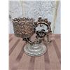 Image 4 : Etched Brass Ewer, Cut Glass Bowl, and Ornate Silver-Tone Candle Holder Group