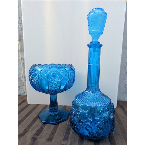 Blue Pressed Glass Decanter With Stopper and Pedestal Compote Bowl